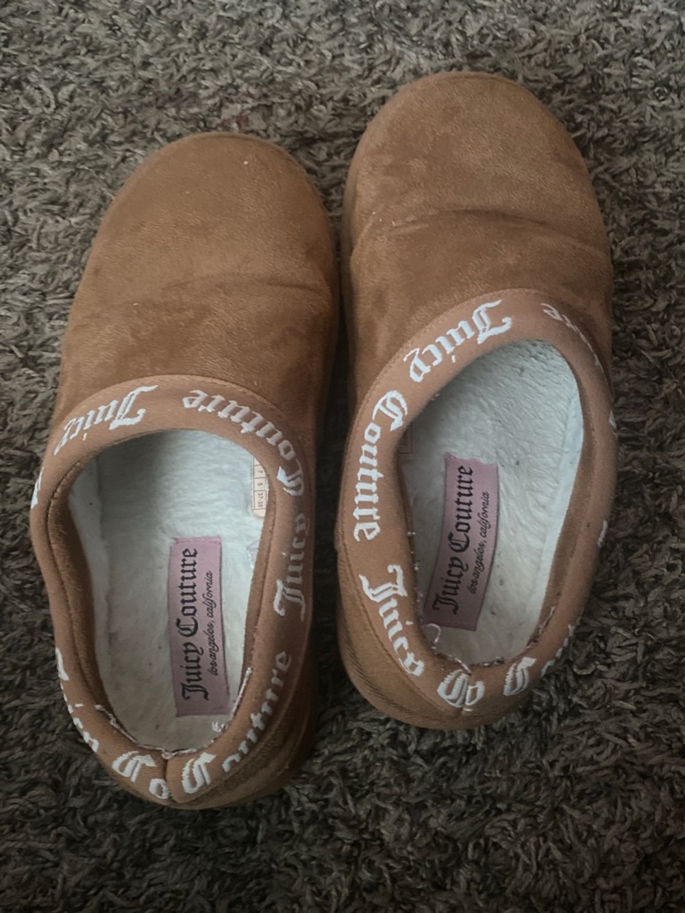 Juicy Couture Brown and White Fuzzy Slip-Ons